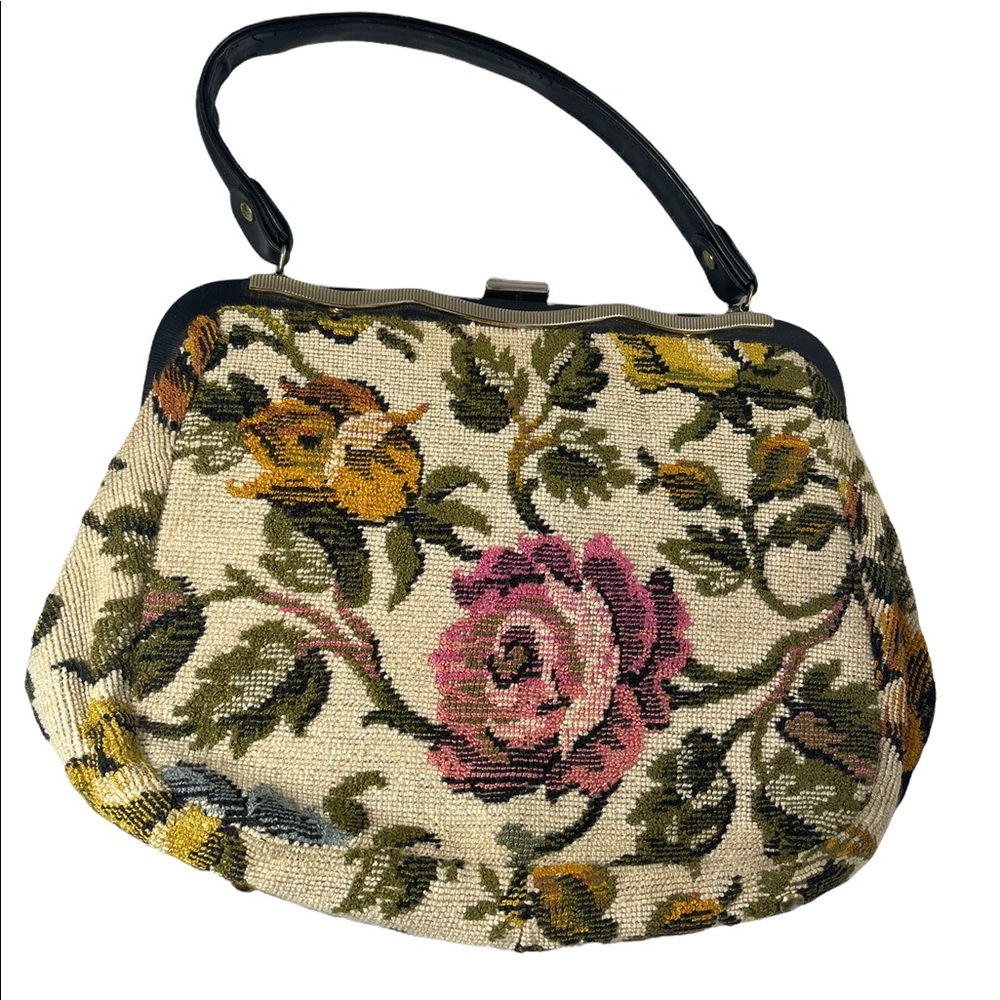 Vintage flower carpet bag hobo 1960s tapestry purse
